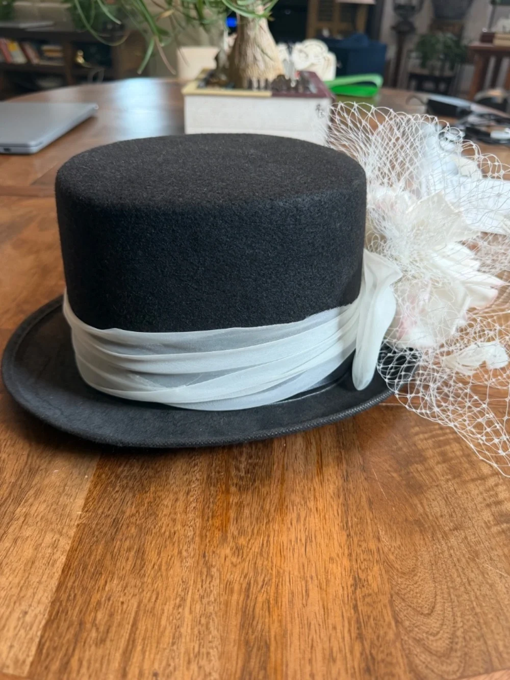 Black Felt Top Hat With White Toole Band, Silk Flowers, Feathers and Netting